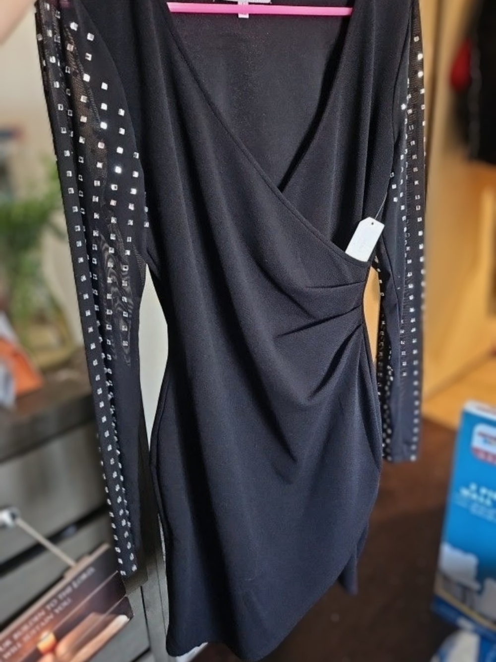 Almost Famous Black Wrap Mini Dress with Embellished Sheer Sleeves